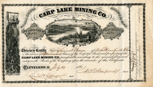 Carp Lake Mining Co. - Michigan Mining Stock Certificate